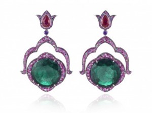 Earrings in 18ct white gold set with round shaped emeralds of 22.11 cts and 21.66 cts each, 2 pear shaped rubies of 2.05 cts and 2.11 cts each and multicolored sapphires, rubies, emeralds, amethysts and tsavorites.