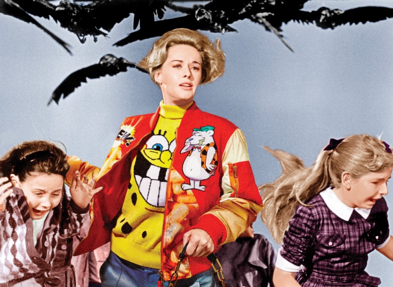 Tippi Hedren in The Birds, 1963.  Sweater and jacket by Moschino, 2014.