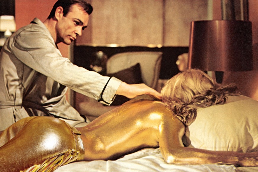 Shirley Eaton in Goldfinger, 1964.  Pants by Just Cavalli, 2014.