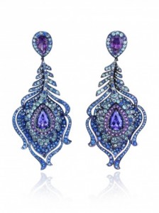 Peacock feather gemstone earrings in 18ct white gold/titanium, set with 2 pear-shaped tanzanites (5cts), 2 pear-shaped amethysts (3cts), tourmalines (5cts), lazulites (8cts).