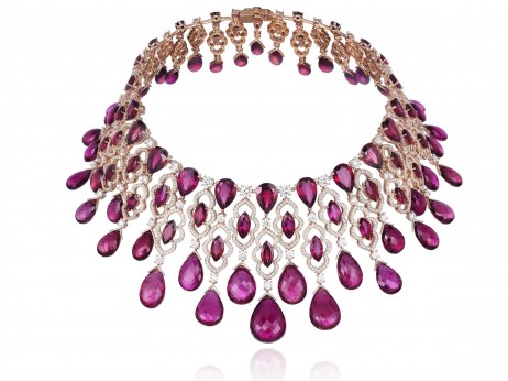 Rubellite diamond necklace in 18ct rose gold from Precious Temptations Collection, set with 44 briolette rubellites (331cts), 22 pear-shaped rubellites (52cts), 44 marquise-cut rubellites (31cts) and diamonds (27cts).