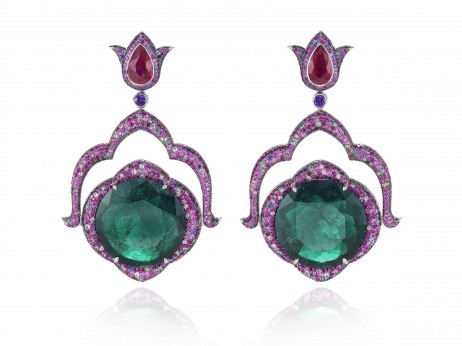 Earrings in 18ct white gold set with round shaped emeralds of 22.11 cts and 21.66 cts each, 2 pear shaped rubies of 2.05 cts and 2.11 cts each and multicolored sapphires, rubies, emeralds, amethysts and tsavorites.