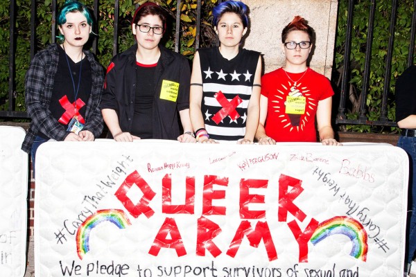 Levi Craske-Curtin (Right), Rowan Hepps Keeney (Far Right)
“We’ve been calling ourselves the queer army,” said Rowan Hepps Keeney, a Barnard first-year. “The statistic we are focusing on is that queer people are three times more likely to be assaulted than their heterosexual peers. Assault is a really big issue in the queer community, and it is