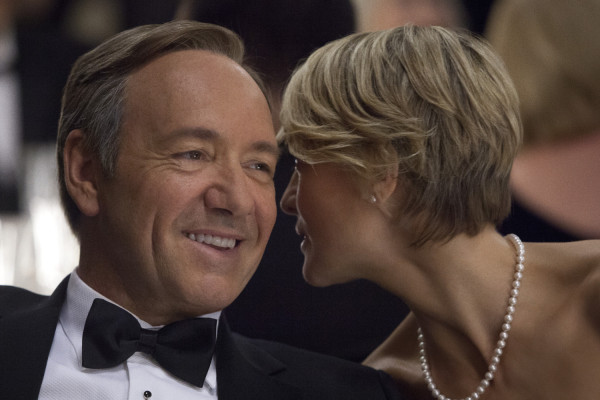 This image released by Netflix shows Kevin Spacey as U.S. Congressman Frank Underwood, left, and Robin Wright as Claire Underwood in a scene from the Netflix original series, "House of Cards." The new original series arrived in one big helping _ all 13 episodes of its first season _ on the subscription streaming service on Friday, Feb. 1, 2013, for viewers to enjoy, at their leisure, in the weeks, months or even years to come. (AP Photo/Netflix, Melinda Sue Gordon) (AP Photo/Netflix)